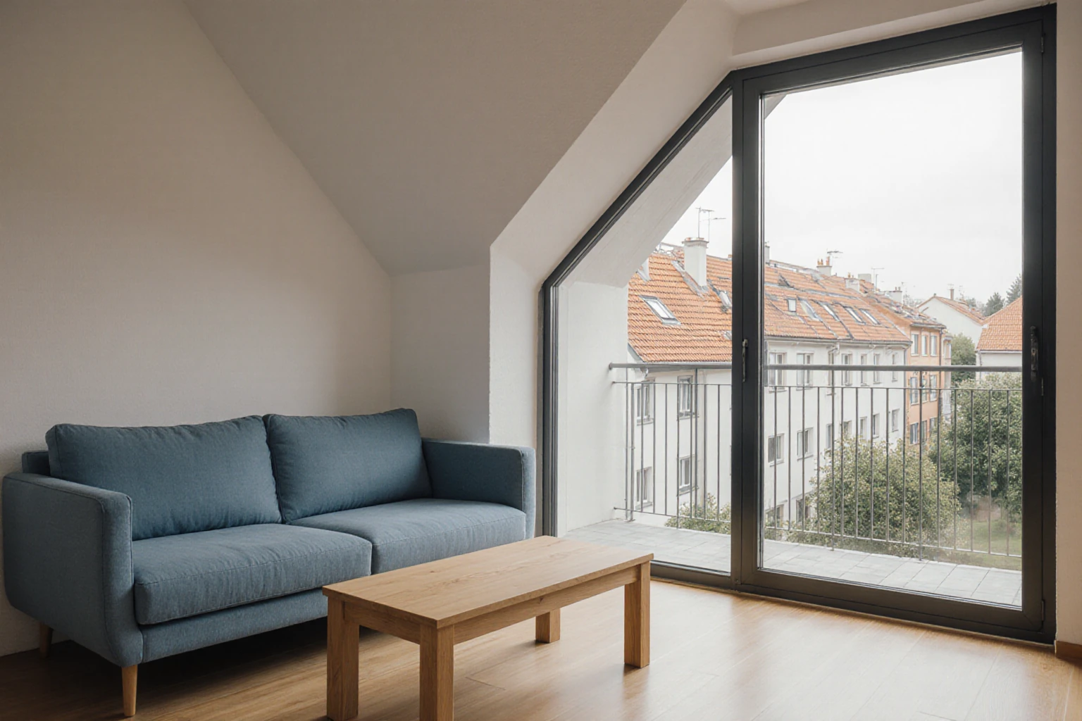 Heller Wohnungsbereich mit Balkonblick auf ein deutsches Wohnquartier
